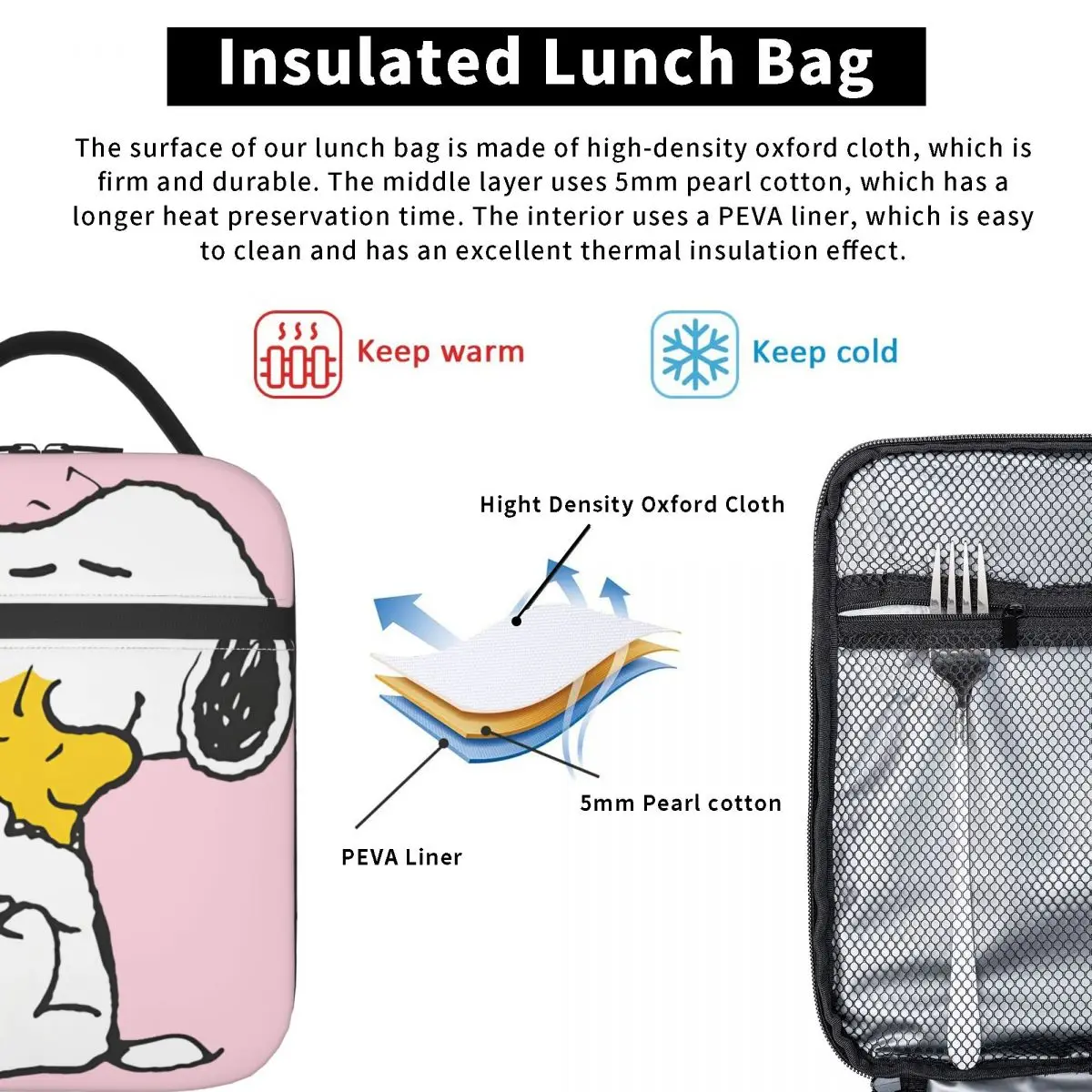 Handheld Lunch Bag AJDO - Elepanth Fly Colorful Leakproof Insulated Peanuts Snoopy Office Lunch Food Box For Women Men Adults