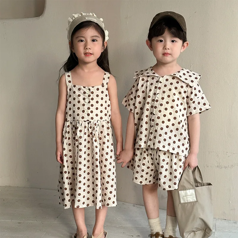 Children's Clothes 2025 Summer Brother And Sister Clothes Wave Point Girl's Dress Or Casual Boy's Suit