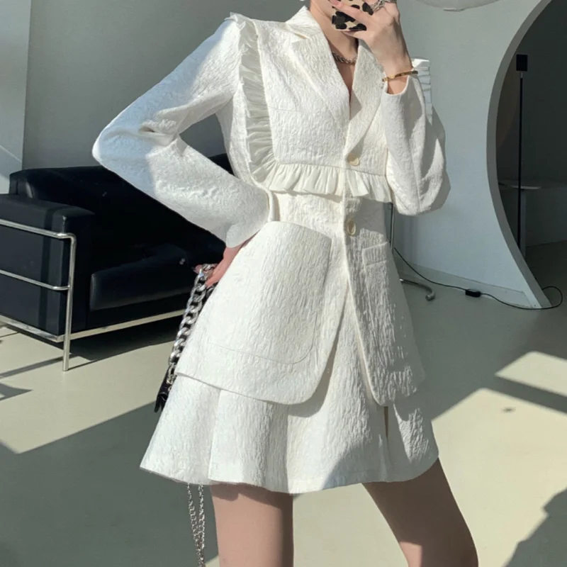 Women Two Piece Suit Set Jacket New High Waisted Coat Black White Retro Ruffled Jacket Spring Autumn Aesthetic 2023 Office Suits