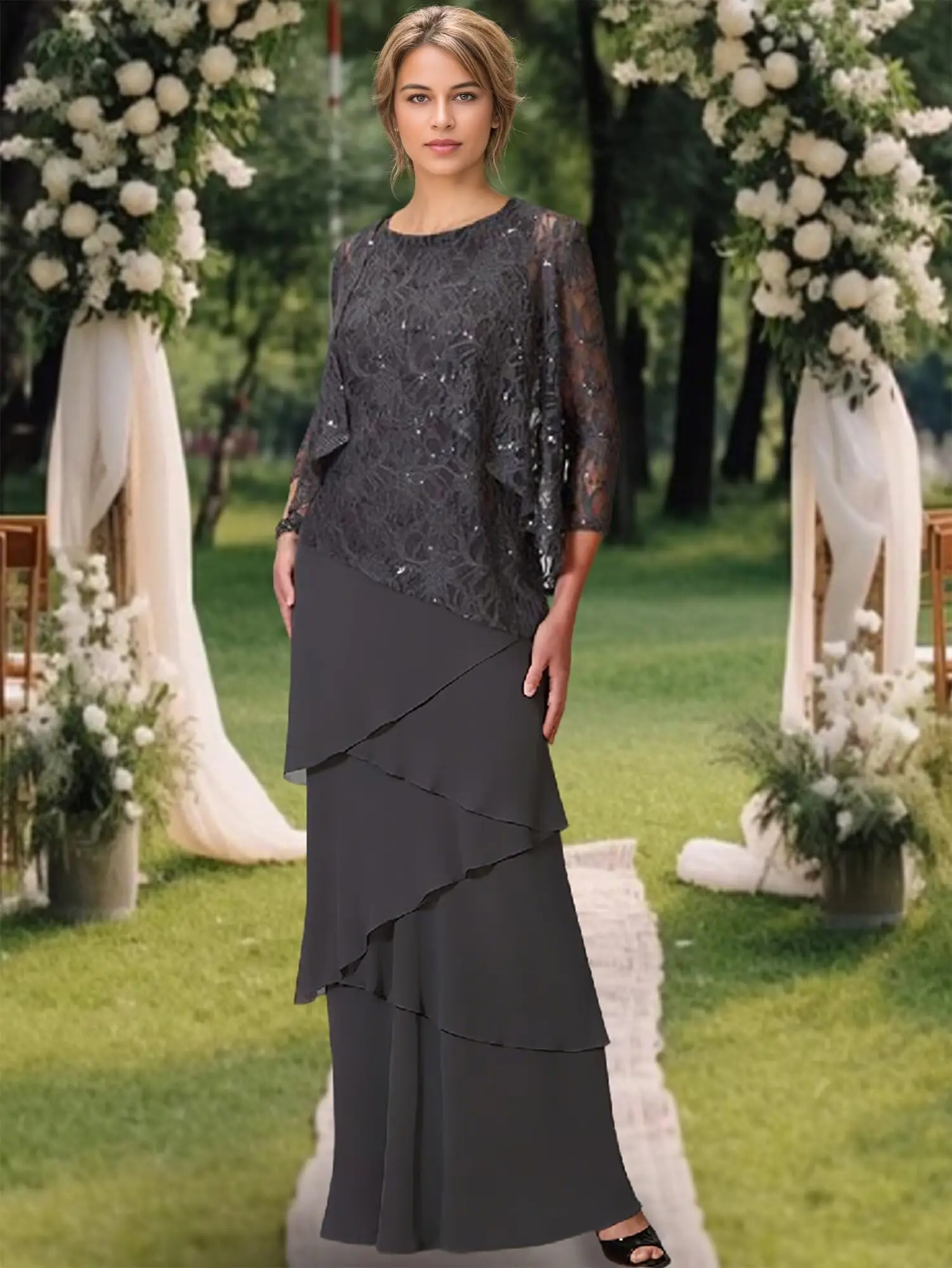 

Mother of The Bride Dresses for Wedding Long Evening Formal Dresses Lace Wedding Guest Groom Dress with Jacket Sequin