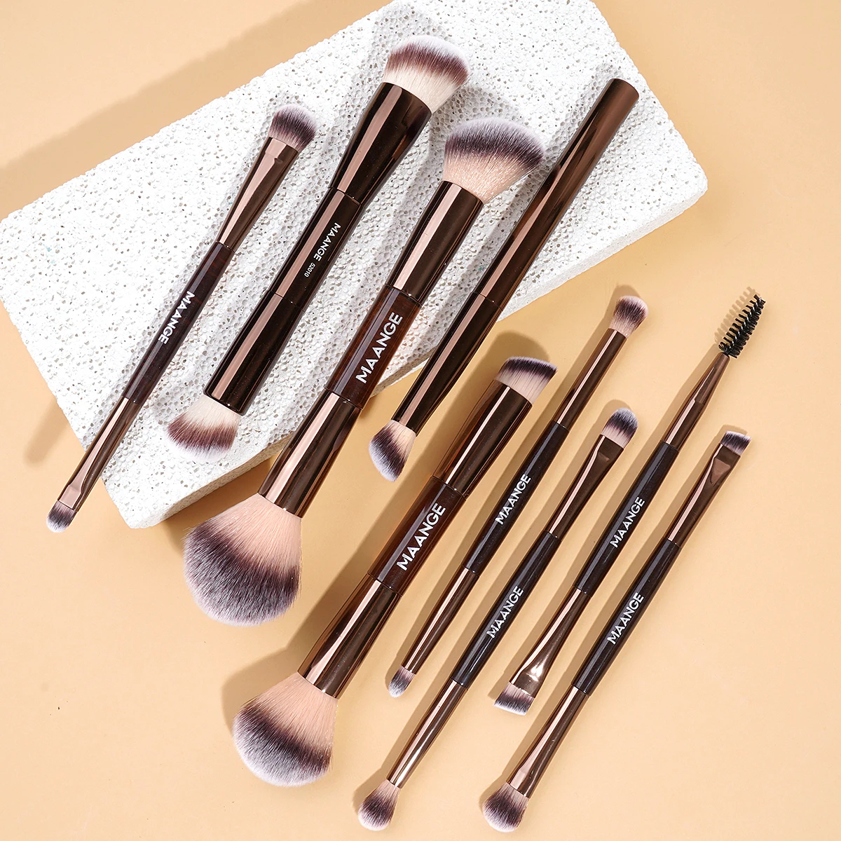 MAANGE 9 Uds. Brochas de maquillaje marrones, base correctores de doble punta, colorete, sombras de ojos, brochas para mezclar crema líquida en polvo