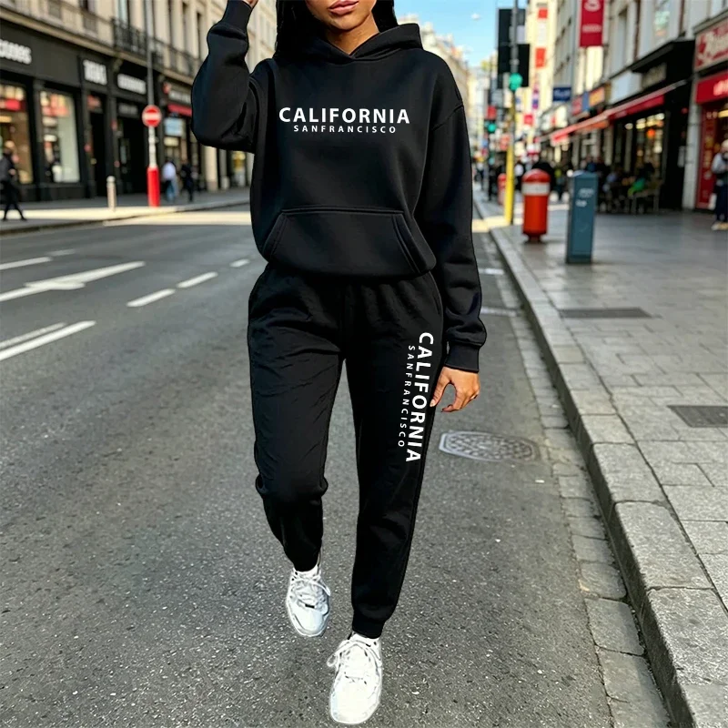 Urban Casual Fashion Hoodie Jogger Suit Autumn Winter Outfit California Print Women's Tracksuit Hooded Sweatshirt and Sweatpants view 4