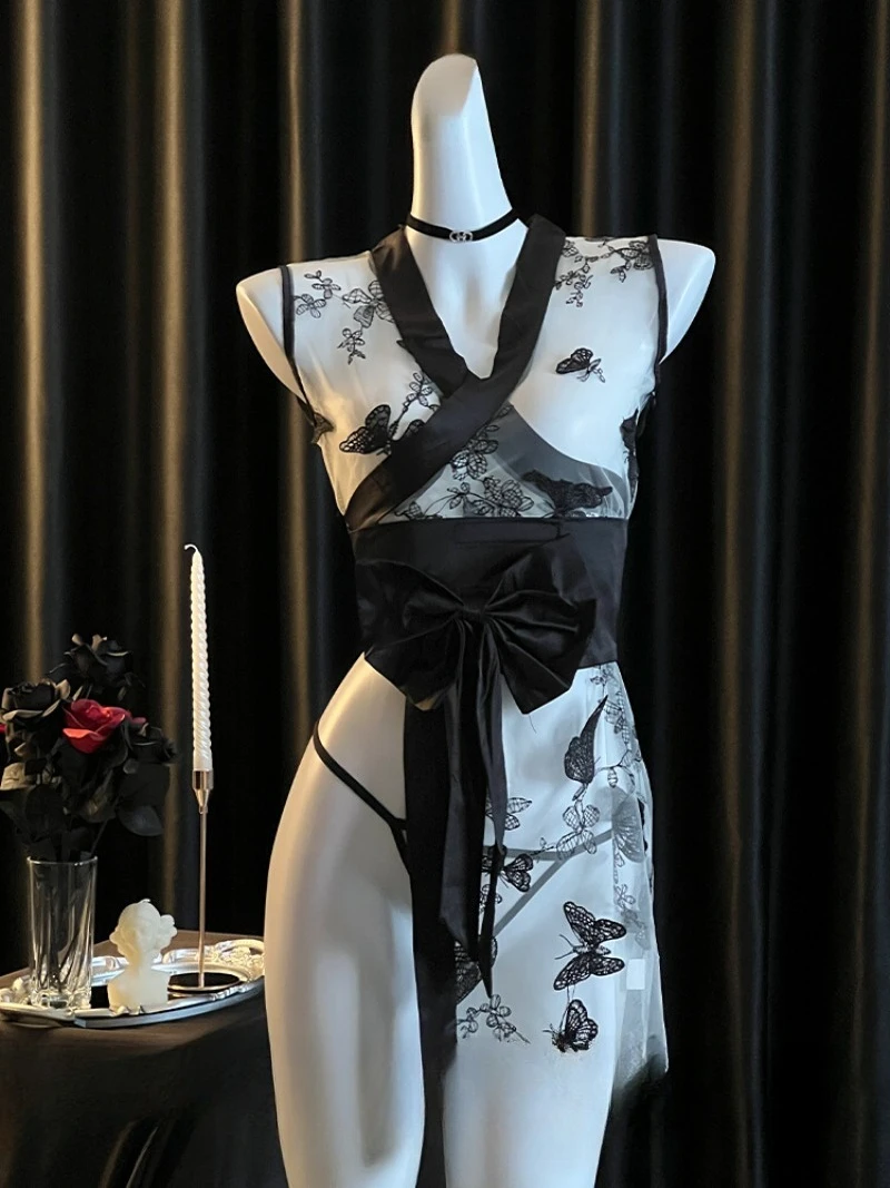 

Black Retro Bow Waist Seal Cheongsam,Sexy Japanese See-Through Lingerie Women,Seductive Backless Nightgown,Pure Desire Sleepwear