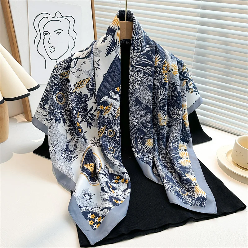 New 90cm Printed Large Square Scarf Women Spring and Autumn Scarves Sunflower Twill Silk Headscarf Shawl Female HIjab Luxury