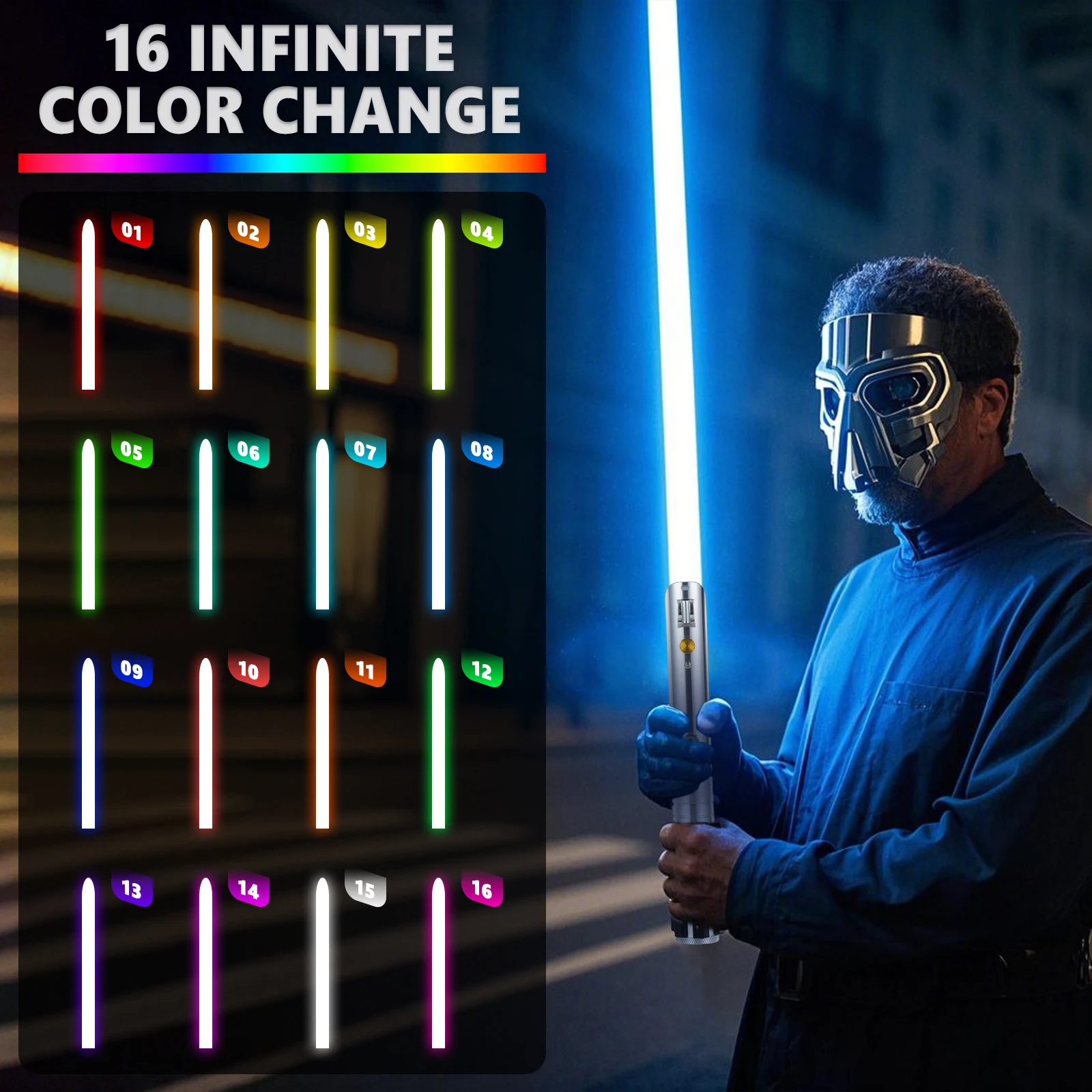 Sabre de luz de duelo iluminado PHS 16 cores RGB, 16 modos de som metal alumínio alça preta balanço suave dramatização lembrança de festa (177 cm)