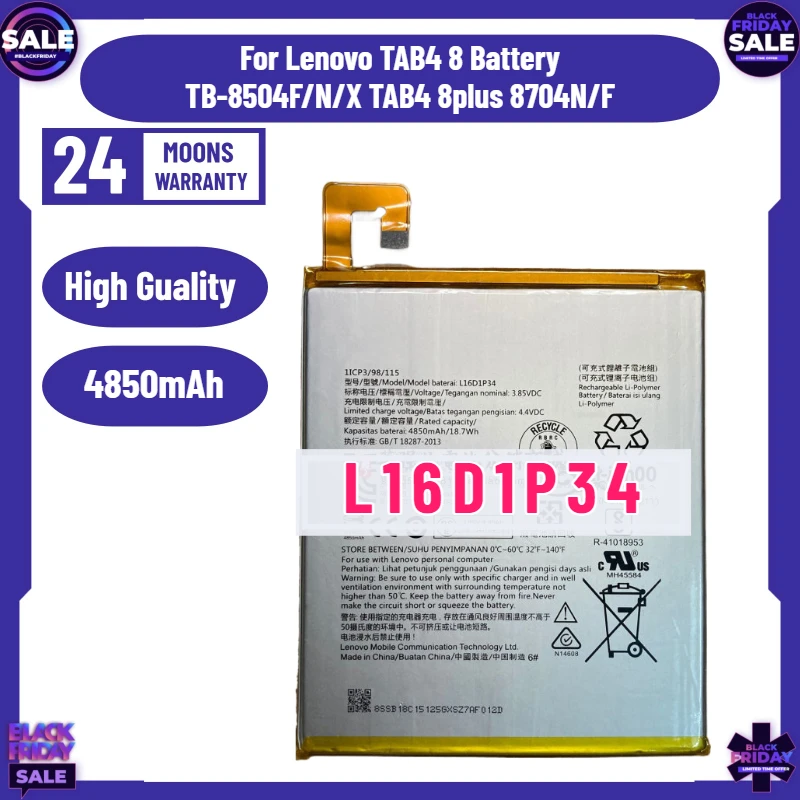 

New 4850mAh L16D1P34 Battery for Lenovo TAB4 8 Battery TB-8504F/N/X TAB4 8plus 8704N/F Battery