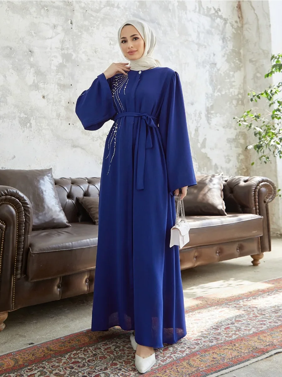 Eid Muslim Party Dress for Women Ramadan Diamond Abaya Long Dress Belt Morocco Kaftan Vestidos Largos Dubai Robe Jalabiya 2024