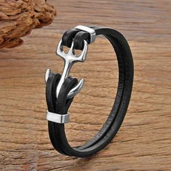 New Punk Navy wind Stainless Steel Anchor Bracelets Brown Black Leather Bracelet & Bangles for Men Trendy Jewelry Gift 2024