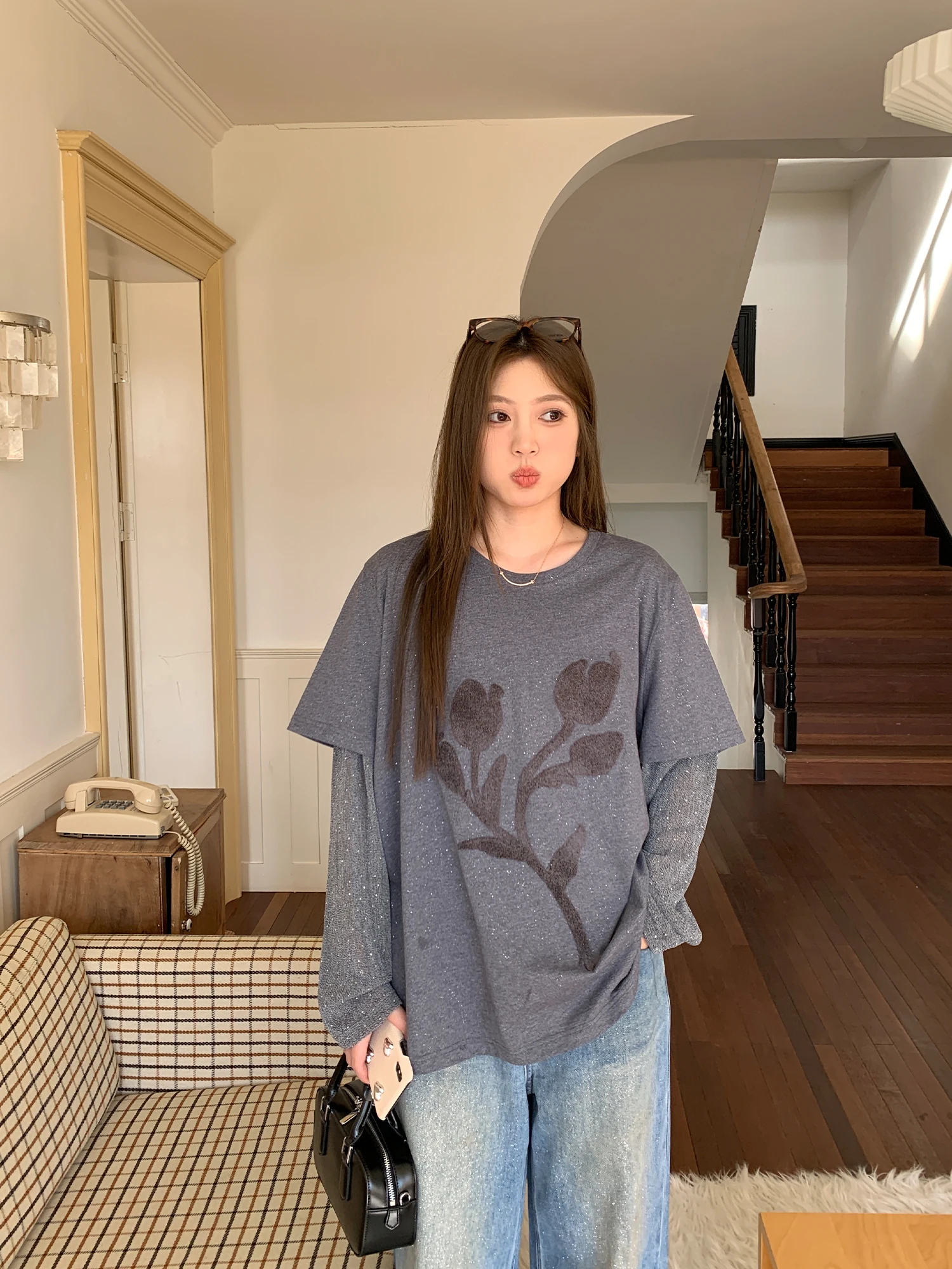 

NAZ Large Size Spring Cotton T-irt Embroidered Casual Sle Floral Design Fake Two-Piece Trendy Top for plus Size Women