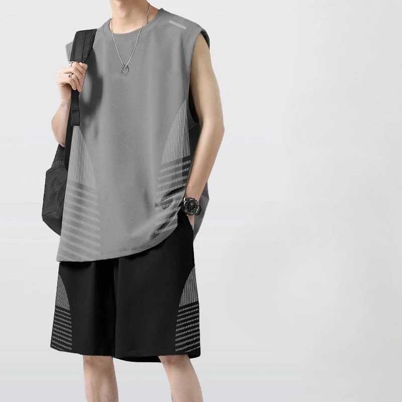 

Men's Ice Silk Tank Top and Shorts Set Summer Breathable Quick Dry Mesh Sleeveless T-Shirt Casual Sports Loungewear