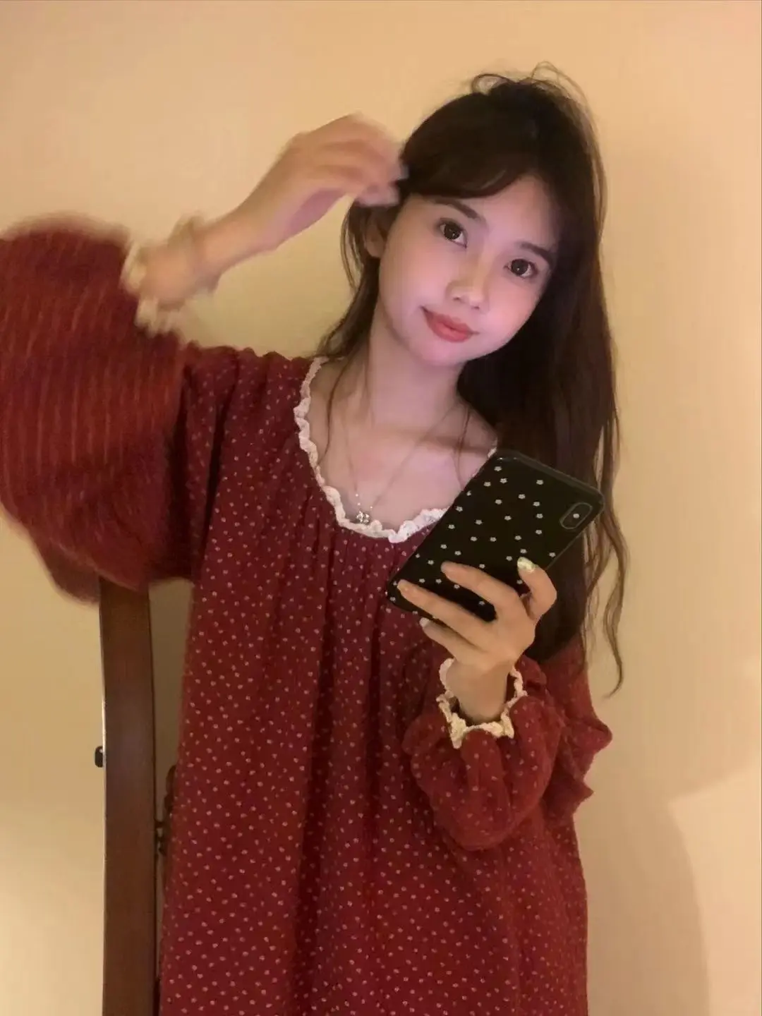 

Новая корейская ночная сорочка в стиле принцессы с узором в горошек для женщин, весна-осень, свободное платье-пижама с длинными рукавами для корейских девушек