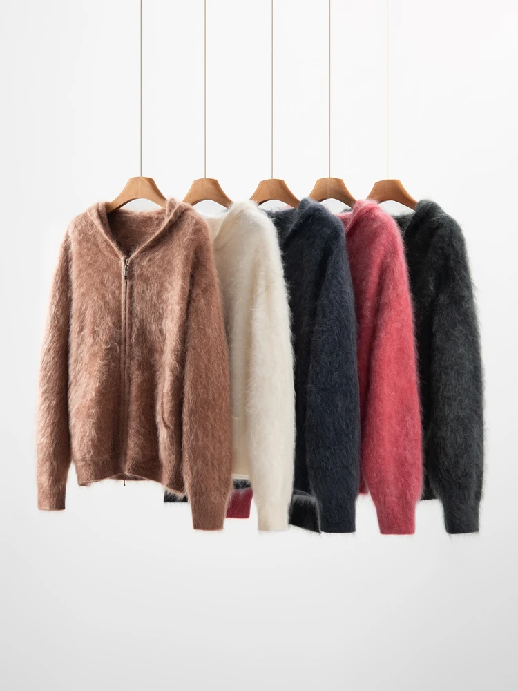 Autumn Winter Knitted Sweater Casual Thick Hooded Cardigan 100% Cashmere Basic Soft Warm Simple Women's Loose Clothing Tops