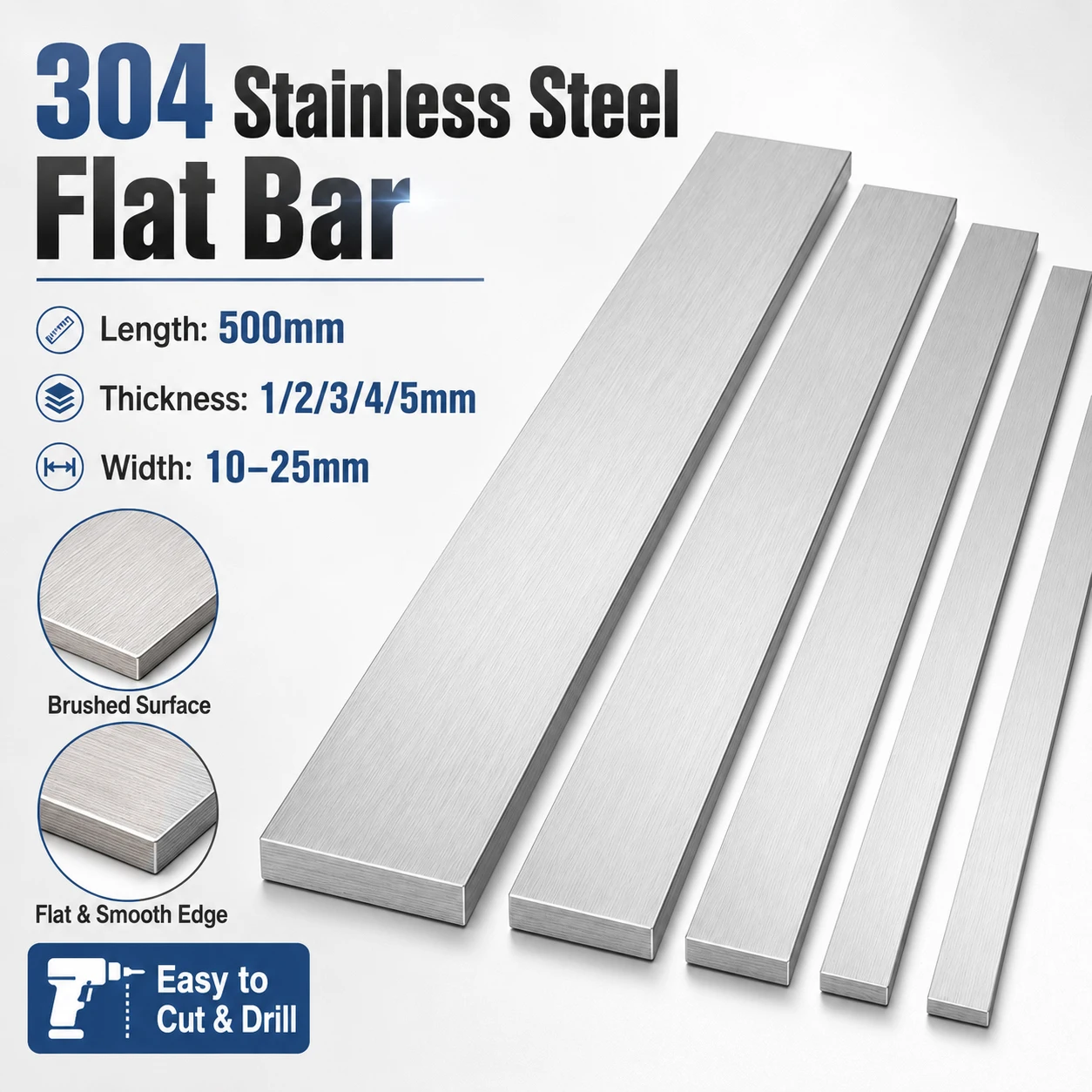 1-2Pcs 500mm Stainlesss Steel Flat Bar Brushed Finish, Metal Trim Strips Sheet for DIY Craft, Furniture, Shelving & Repair