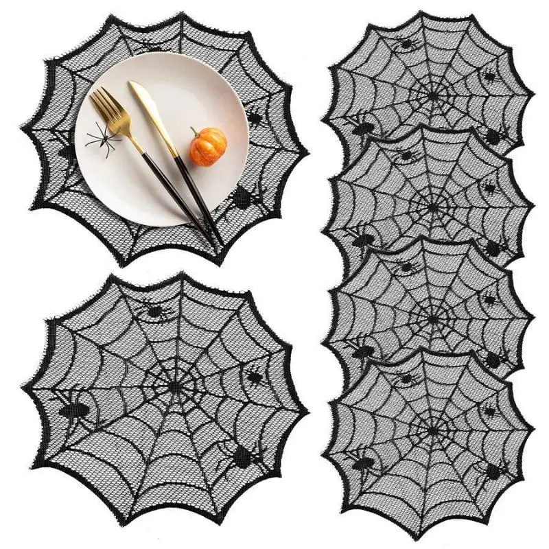 [MOA]2/4Pcs Spider Web Black Lace Tablecloth Halloween Table Cloth Decorative Placemat Cosplay Spider Silk Party Table Ornament