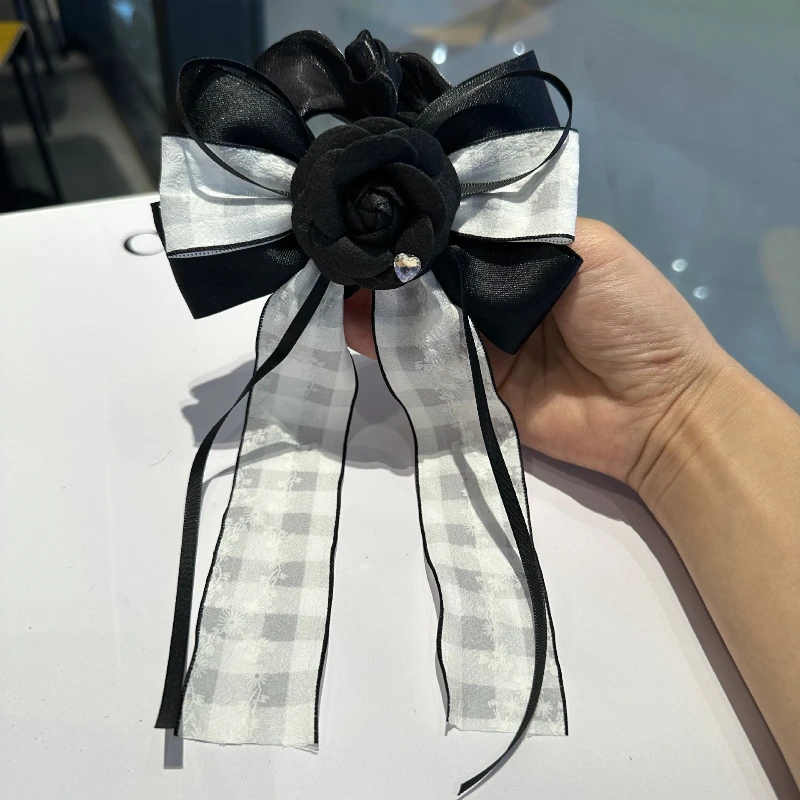 

1pcs Plaid Camellia Fabric Bow Stretchy Hair Ties with Delicate Lace Ribbon Elegance Sweet Feminine Hair Accessories