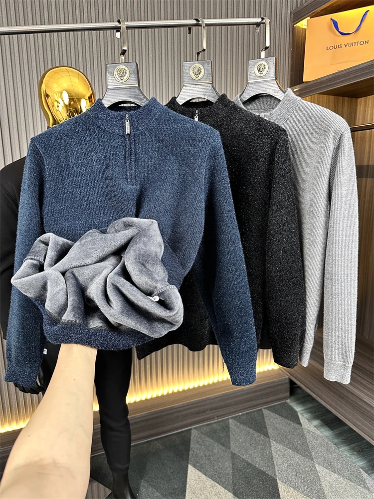 

Faionable Urban Men's Long Sve Fce Lined Knitwear Pure Color f Open Collar Autumn Winter Counterfeit Camere Sweater