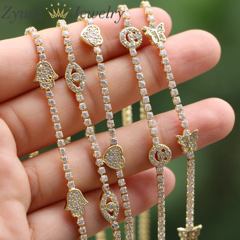 5PCS, Luxury Heart Butterfly Eye Gold Plated CZ Tennis Chain Zircon Paved Crystal Chain Choker Necklace For Women Jewelry