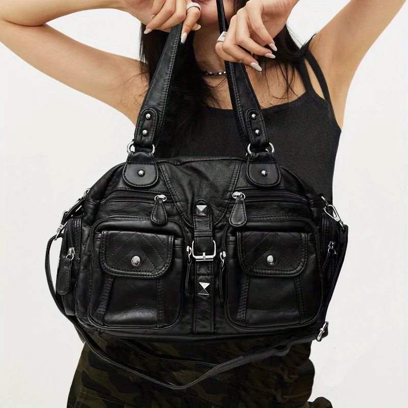 

Ladies' fashionable retro vintage vintage handbag, personalized Y2K spicy girl motorcycle bag, street punk washed city bag