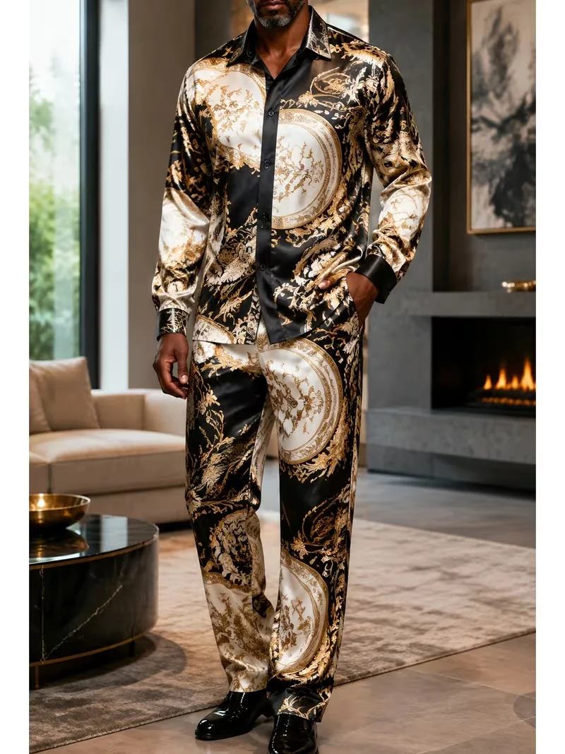 New Silver Grey Dark Rose Skull Printed Long Sleeve Set High Street Trendy Cool Men's Shirt Long Pants Two Piece Set view 3