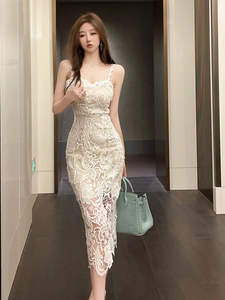 Vintage Embroidery Lace Dress Women Spaghetti Strapped High Waisted Bodycon Dress for Women Elegant Summer Vestido Evening