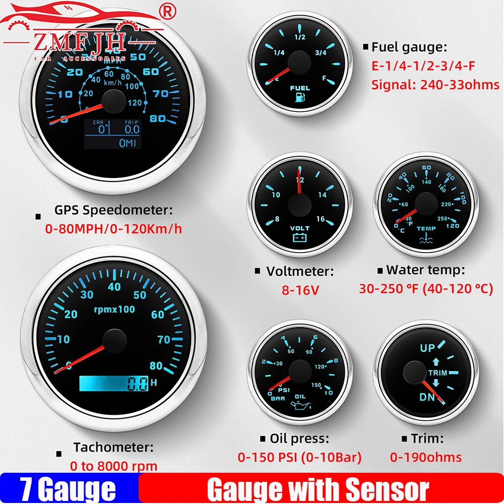 

ZMFJH 7 Gauge Set+Sensor Boat Yacht GPS Speedometer Tachometer Fuel Level Gauge Oil Press Water Temp Trim Meter Voltmeter 7Color