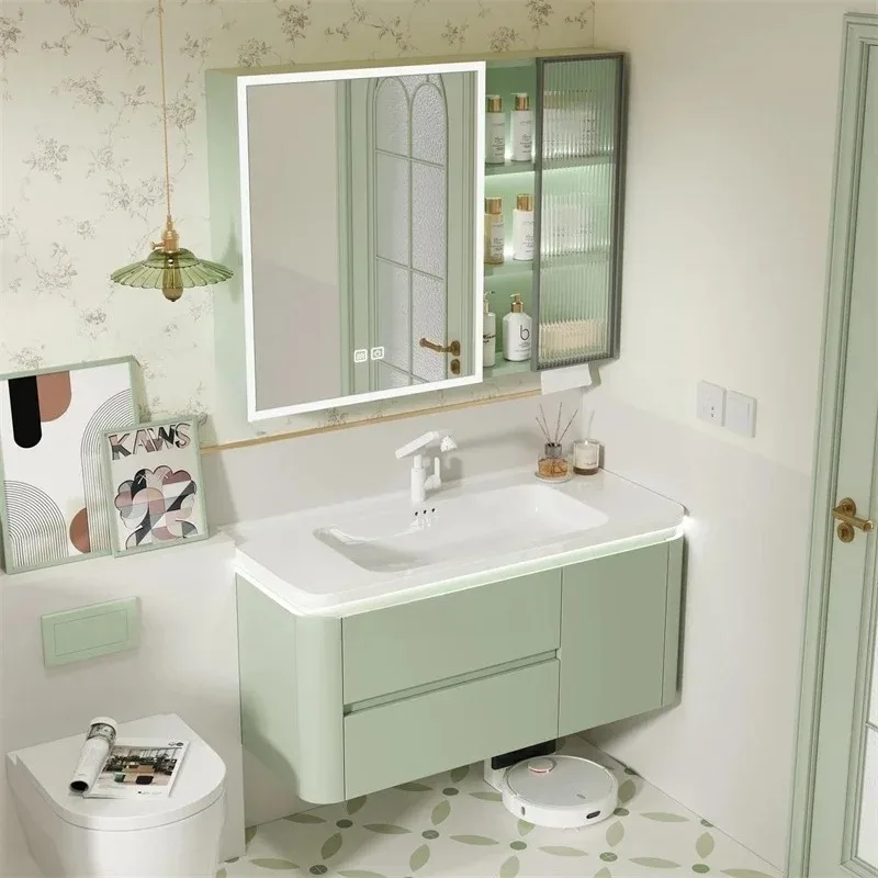 & Green Curved Aluminum Bathroom Cabinet Creative Ceramic Basin Integrated Storage Cabinet Toilet Concealed Sliding Mirror Cabin