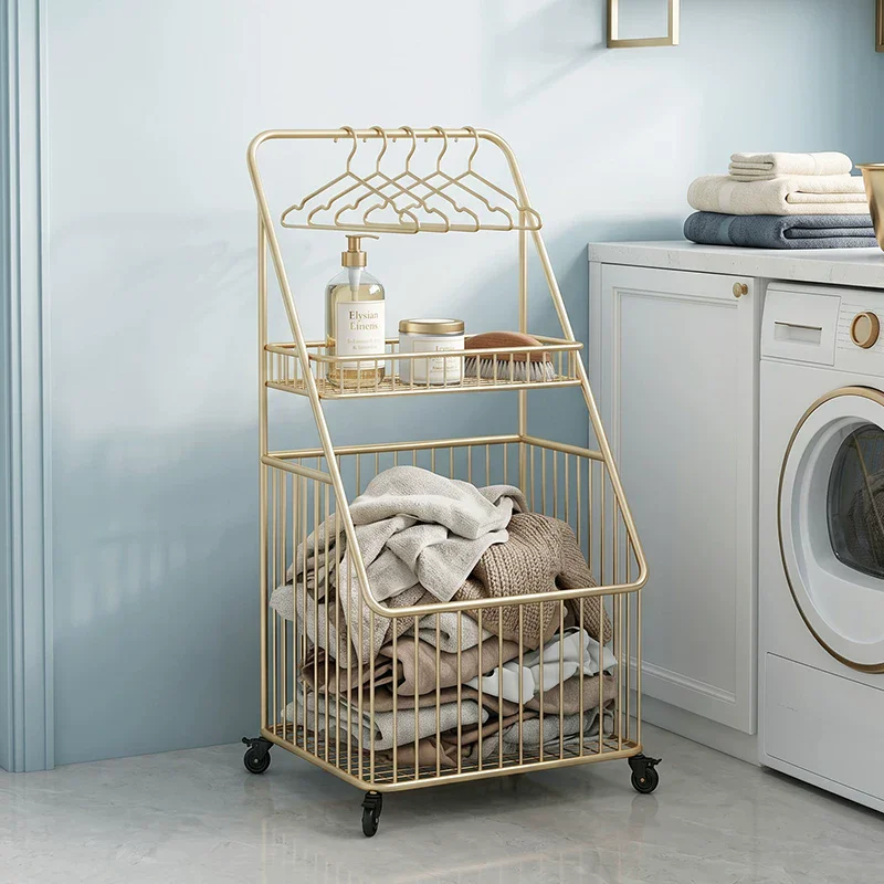 Nordic large capacity dirty clothes basket, balcony floor standing storage rack, multifunctional movable clothes hanger storage