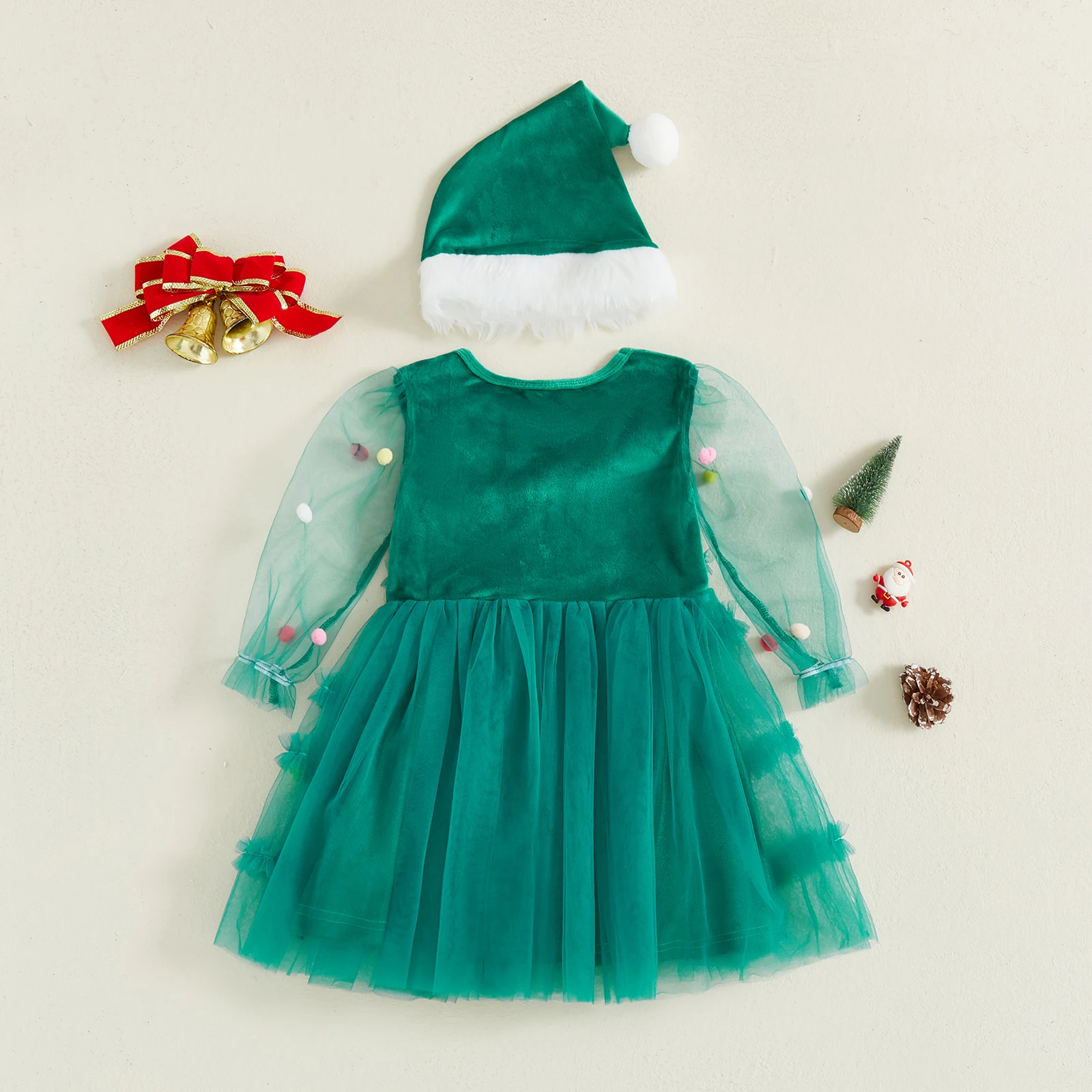 فستان Tregren للأطفال الصغار في عيد الميلاد للفتيات الصغيرات، فستان من التول بأكمام طويلة وقبعة سانتا الخضراء مكون من قطعتين