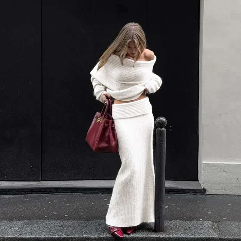 Conjunto de Top de punto con hombros descubiertos para mujer, falda larga, traje de manga larga, suéter de punto gris suelto, conjuntos de faldas, atuendo de Festival, elegante