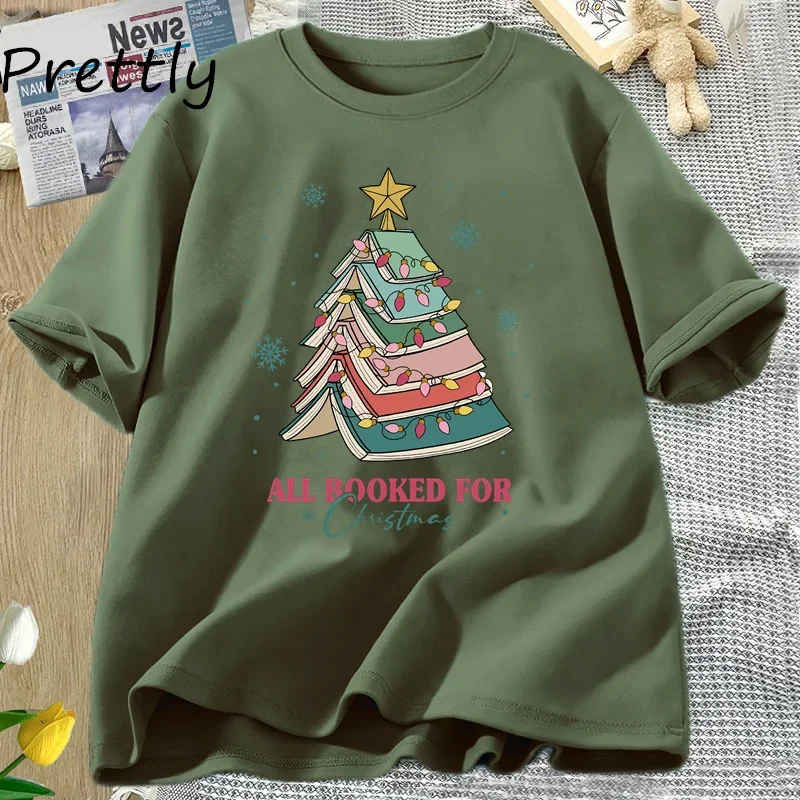 Book Tree Christmas T Shirt All Booked for Christmas T-shirt for Book Lover Librarian Teachers Tees Bookish Cotton Tshirt