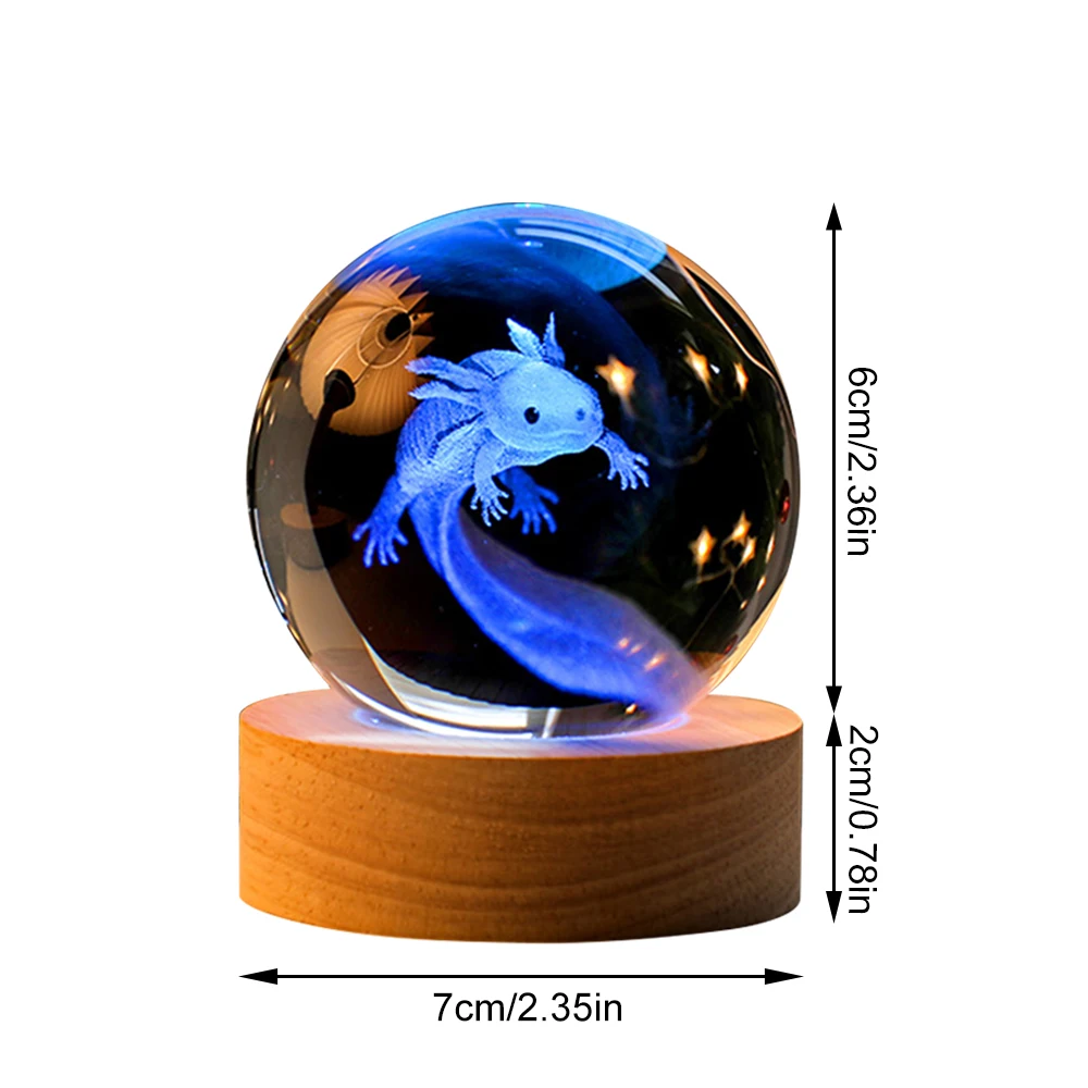 3D Crystal Ball with LED Light Base Axolotl USB Illuminating Crystal Ball Decor Night Light for Children Friend Birthday Gift