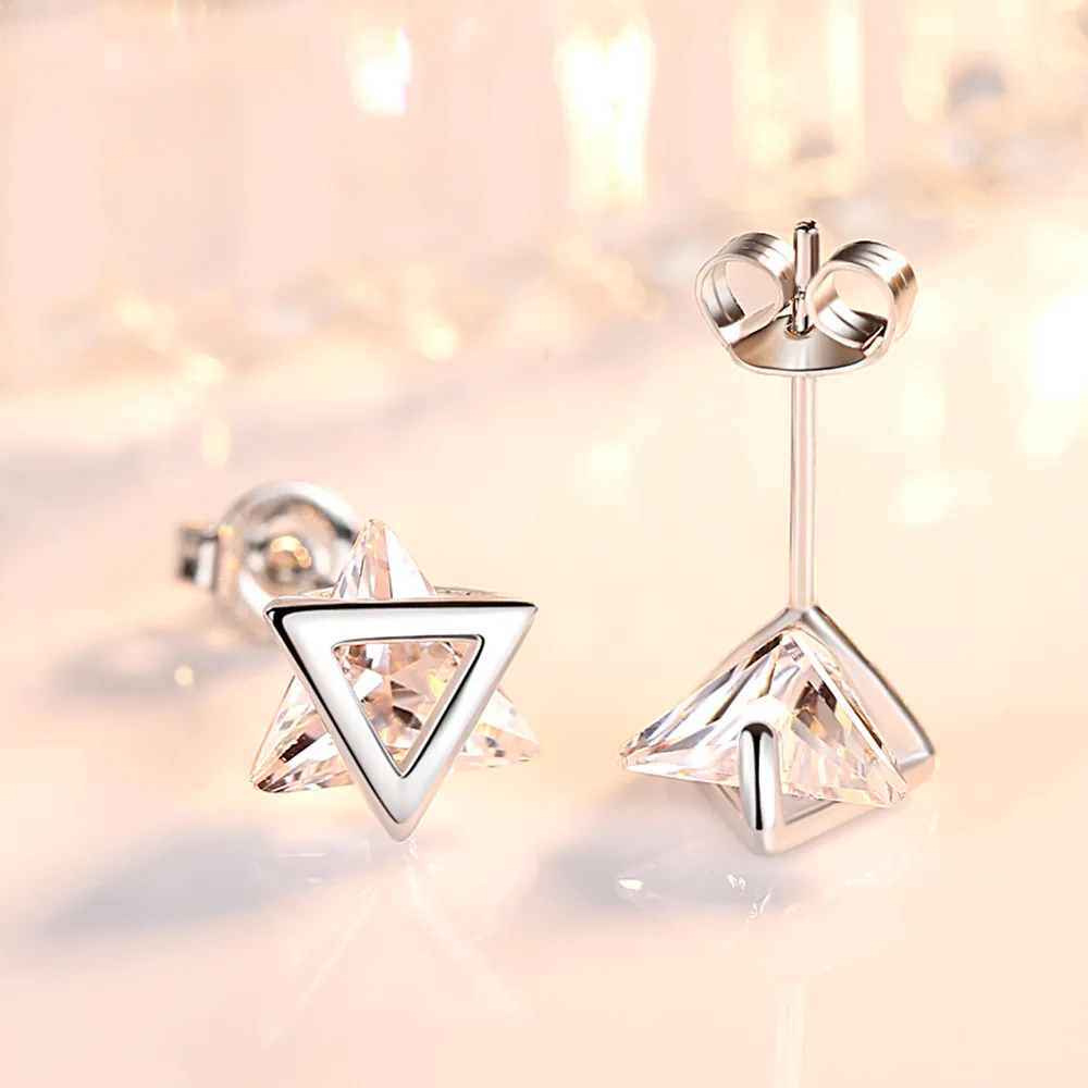 Simple Tiny Solid 925 Sterling Silver Triangle Clear CZ Fashion Stud Earrings Charm Cute Earring For Girl Fine Jewelry