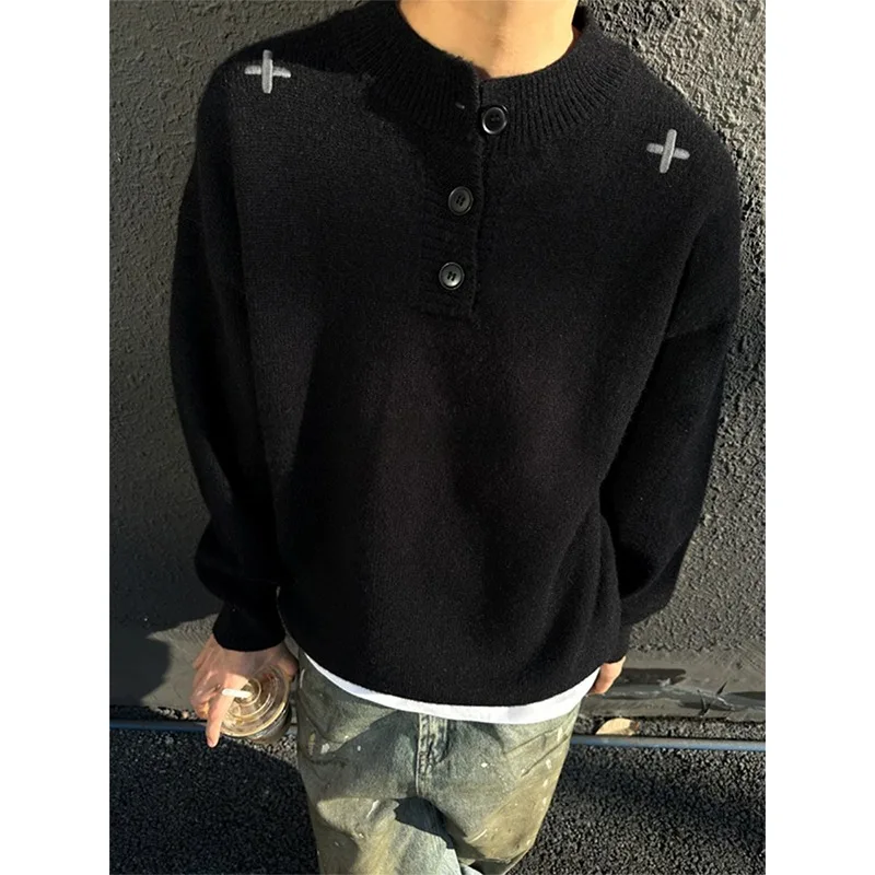 

Мужской вязаный свитер в корейском стиле с воротником-стойкой, вышивкой, однотонный, из мягкого полиэфирного волокна, повседневная одежда Cleanfit