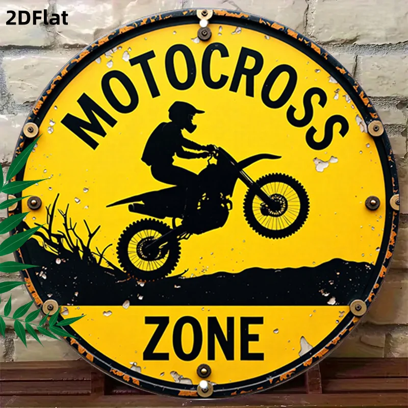 2D Flat, 1pc Motocross Zone 19.81x19.81cm Round Decor,Vintage Style Round Plaque,Rugged Decor Holiday Decorative Plaques,Motorcy