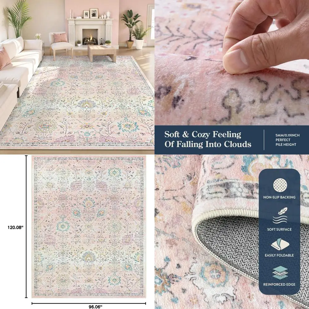 

8x10 Boho Floral Area Rug, Washable Soft Blush Carpet for Bedroom, Living Room, Non-Slip Pastel Floor Covering