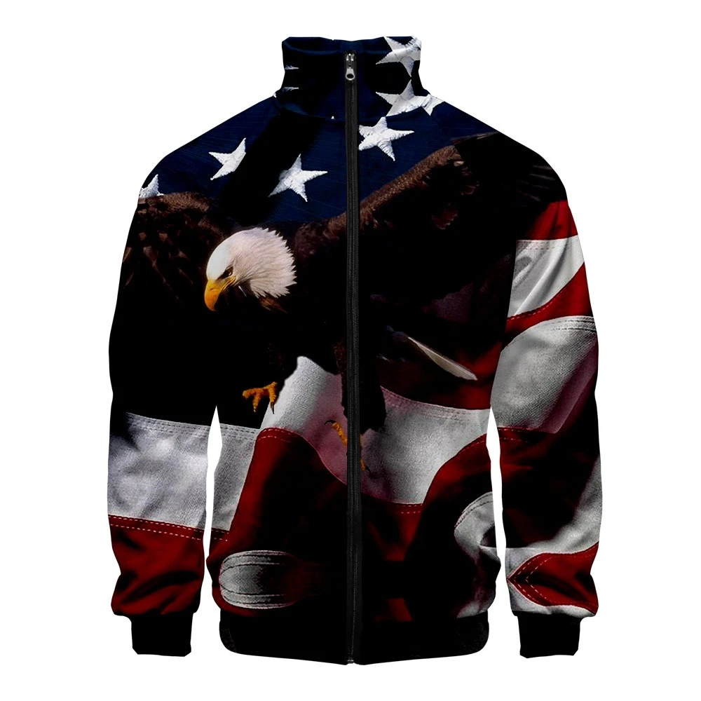 

Coat USA Flag American Stars and Stripes 3D Stand Collar Sweatshirt Men Zipper Hoodie Casual Long Sleeve Jacket Clothes