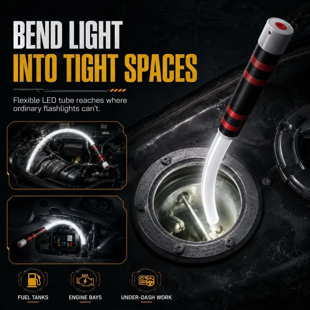 Flexible Led Engine Compartment Light, 30inch Bendable Work Lights, Rechargeable with High Lumens, 3 Lighting Modes, Suitable for Mechanics, Car Repairs, Inspections, and Work in Narrow Spaces
