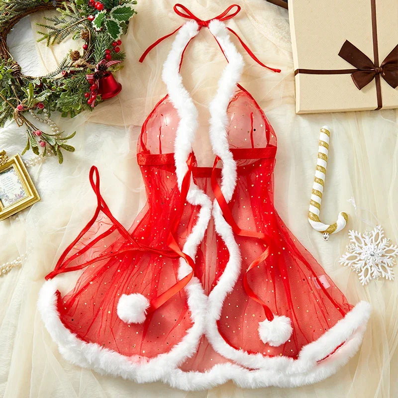 

Semi-Transparent Sparkling Mesh Sexy Lingerie Women Christmas Nightdress Thong Pajamas Set Female Babydoll Dress Erotic Costumes