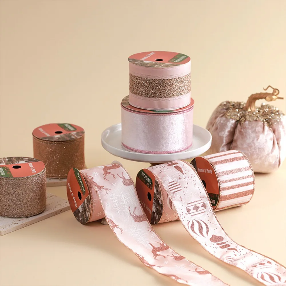 10 Yards Christmas Ribbons Imitation Hemp Material Wired Edge Weave Ribbon Rose Gold Christmas Gift Packaging
