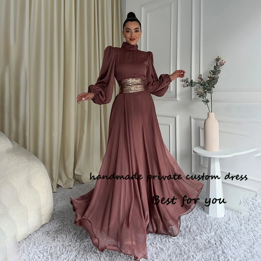 

Burgundy Chiffon Evening Prom Dresses Long Sleeve High Neck Dubai Muslim Formal Dress Floor Length Evening Party Gowns