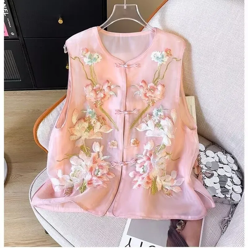 Chinese Style Embroidery Waistcoat 2025 Summer Women Breathable Thin Vest Female Sleeveless Short Jacket Autumn Vintage Vest