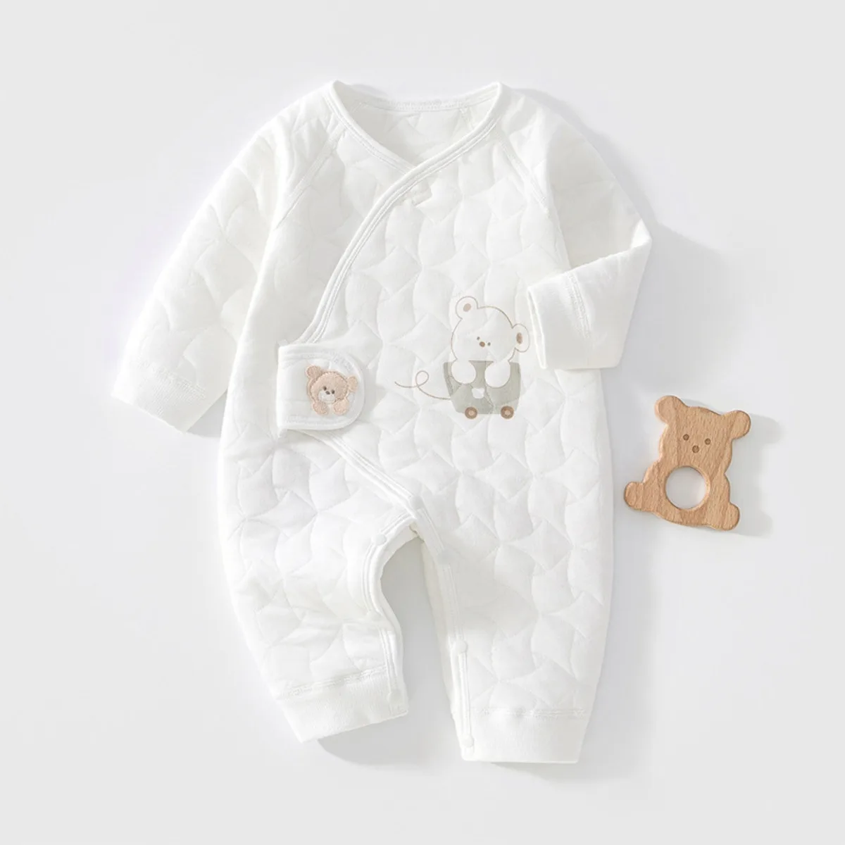 Newborn Baby Quilted Romper Bear Hook & Loop Closure Lightly Padded Cotton Onesie Long Sleeve Infant Clothes Unisex Spring Fall