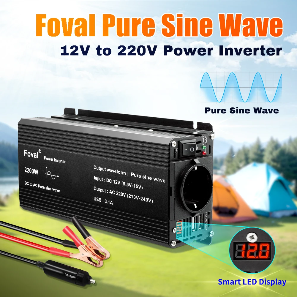 Pure Sine Wave Foval Inverter DC12V AC220V 2600W/1500W/2200W Car Inverter Home Power Supply Pure Sine Inversor EU Socket