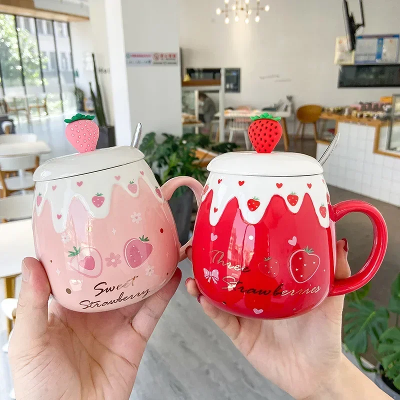 Fruit Strawberry Ceramic Mug Office Cute Coffee Mugs with Lid Spoon Breakfast Milk Cups Home Drinking Cup Couple Birthday Gift