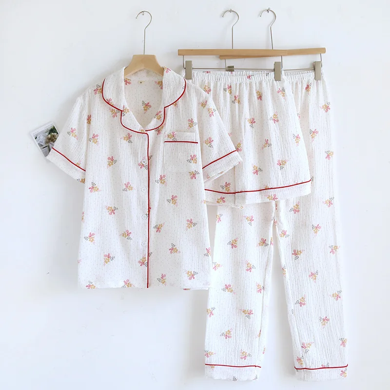 

Wholesale & Retail Cotton Yarn Pajamas Three-piece Set Women's Summer Thin Short Sleeve Long Pants Shorts Cotton Loungewear Set