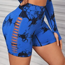 CHRLEISURE Sexy Butt Lifting Cycling Shorts High Waist Tie Die Hollow Yoga Shorts Elastic Fitness Three-Quarter Sport  Pants