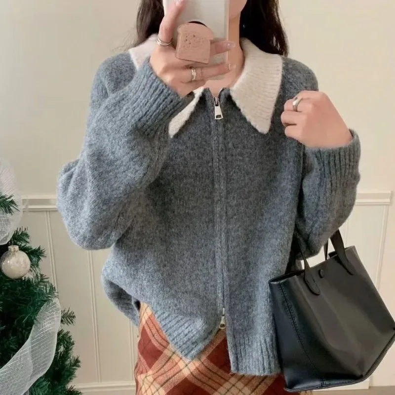 

Women Clothing Autumn Winter Simplicity Loose Fashion Zipper Color Blocking Knitting Female All-match Fashionable Cardigan Coat