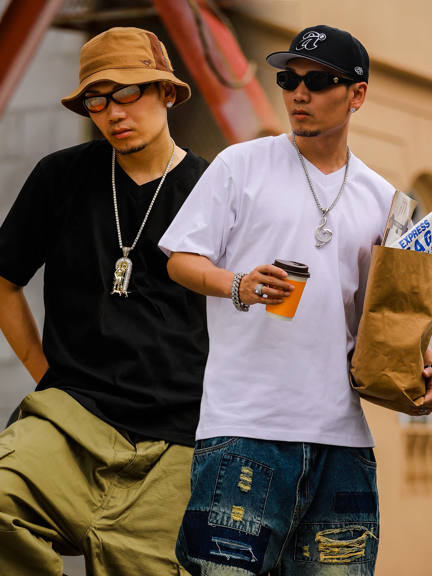 ACUSA V-Neck Short Sleeve T-Shirt Wider Loose Fit  Color Basic Style Summer Breathable Pure Cotton Casual Wear for Men