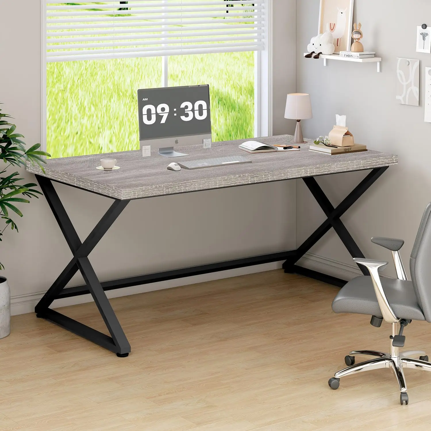55" Gray Computer Desk Home Office Study Workstation, Industrial Wood Metal PC Gaming Table Bedroom, Customized