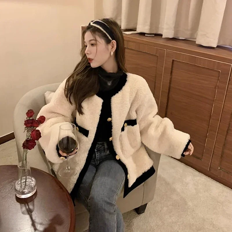 Loose Women\'s Fleece Overcoat Autumn Winter O-Neck Single Breasted Berber Overcoat Korean Version All-match Elegant Style Jacket